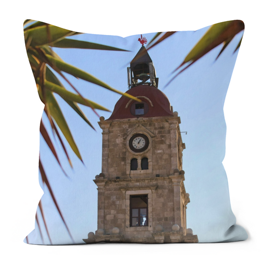 Canvas Art. Luxury Handmade Double Sided Poly Linen Cushions. Roloi Clock Tower. Rhodes Medieval Town Aerial View. Rhodes. Greece.