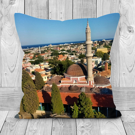 Canvas Art. Luxury Handmade Double Sided Poly Linen Cushions. Roloi Clock Tower. Rhodes Medieval Town Aerial View. Rhodes. Greece.