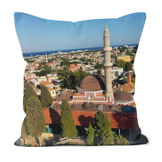 Canvas Art. Luxury Handmade Double Sided Poly Linen Cushions. Roloi Clock Tower. Rhodes Medieval Town Aerial View. Rhodes. Greece.