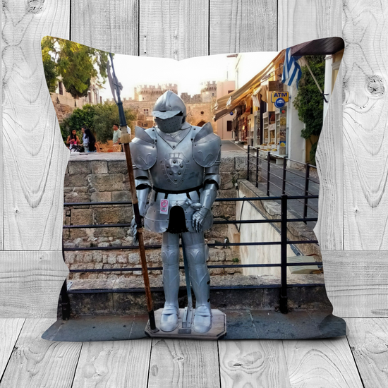 Canvas Art. Luxury Handmade Double Sided Poly Linen Cushions. Dama - Dama . Rhodes Medieval Town.  Rhodes. Greece.