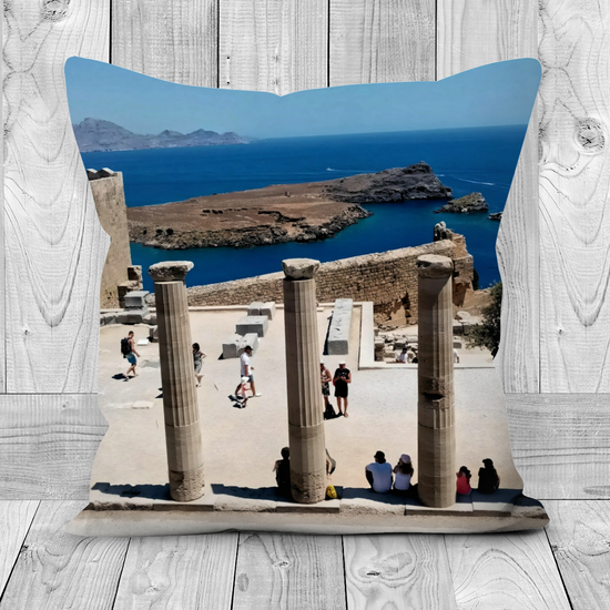 Canvas Art. Luxury Handmade Double Sided Poly linen Cushions. Acropolis. Lindos. Rhodes. Greece.