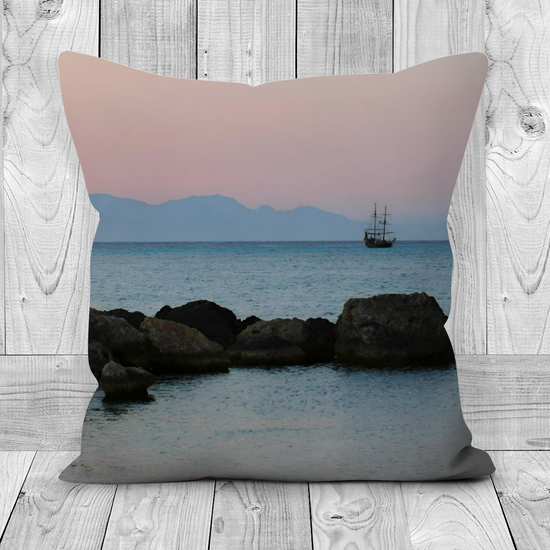 Canvas Art. Luxury Handmade Double Sided Poly Linen Cushions. Mandraki Harbour. Rhodes. Greece.