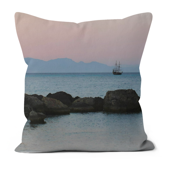 Canvas Art. Luxury Handmade Double Sided Poly Linen Cushions. Mandraki Harbour. Rhodes. Greece.