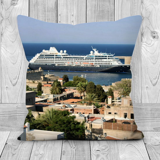 Canvas Art. Luxury Handmade Double Sided Poly Linen Cushions. Mandraki  Harbour. Rhodes. Greece.