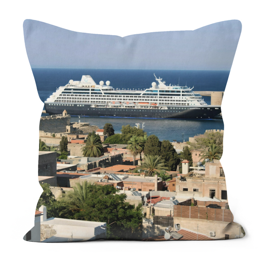Canvas Art. Luxury Handmade Double Sided Poly Linen Cushions. Mandraki  Harbour. Rhodes. Greece.