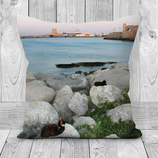 Canvas Art. Luxury Handmade Double Sided Poly Linen Cushions. Mandraki  Harbour. Rhodes. Greece.