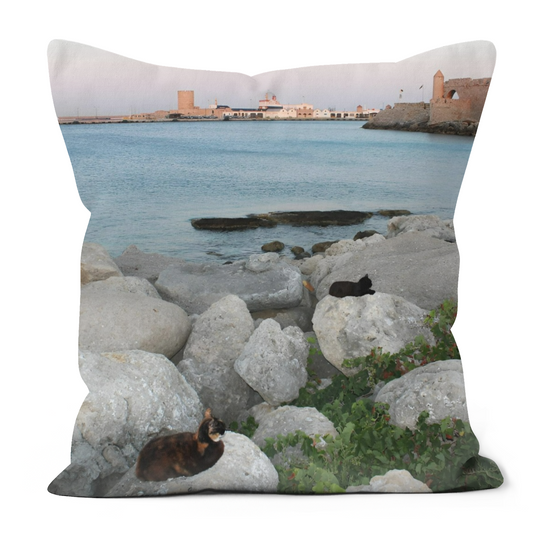 Canvas Art. Luxury Handmade Double Sided Poly Linen Cushions. Mandraki  Harbour. Rhodes. Greece.