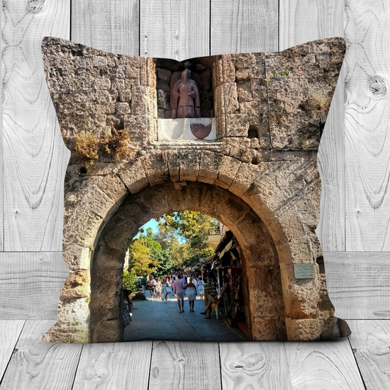 Canvas Art. Luxury Handmade Double Sided  Poly Linen Cushions. St. Athanasios Gate. Palace of the Grand Master of the Knights. Rhodes Medieval Town. Greece.