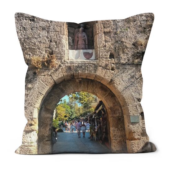 Canvas Art. Luxury Handmade Double Sided  Poly Linen Cushions. St. Athanasios Gate. Palace of the Grand Master of the Knights. Rhodes Medieval Town. Greece.