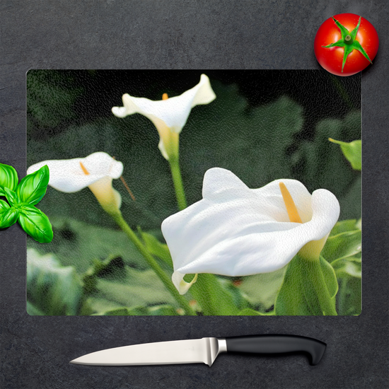 Animals & Nature. The Stylish Textured Glass Chopping Board. Calla Lily Flower. Brodick Castle Gardens. Isle of Arran. Scotland.
