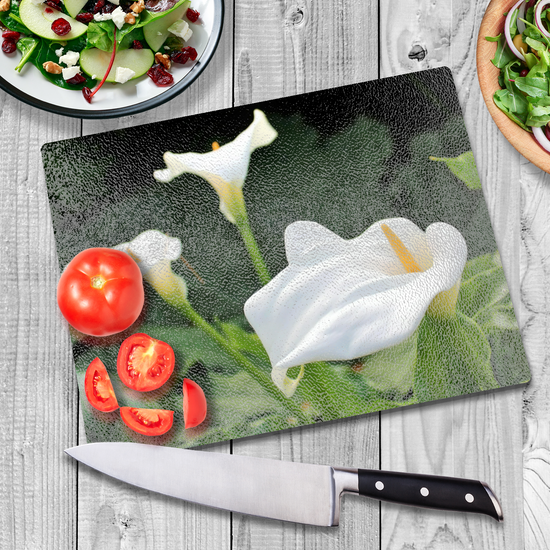 Animals & Nature. The Stylish Textured Glass Chopping Board. Calla Lily Flower. Brodick Castle Gardens. Isle of Arran. Scotland.