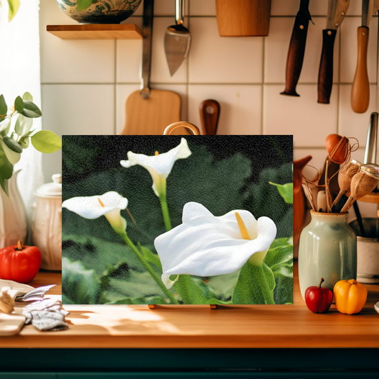 Animals & Nature. The Stylish Textured Glass Chopping Board. Calla Lily Flower. Brodick Castle Gardens. Isle of Arran. Scotland.