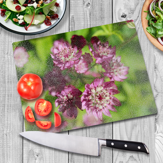 Animals & Nature. The Stylish Textured Glass Chopping Board. Astrantia Major Flower. Brodick  Castle Gardens. Isle of Arran. Scotland.