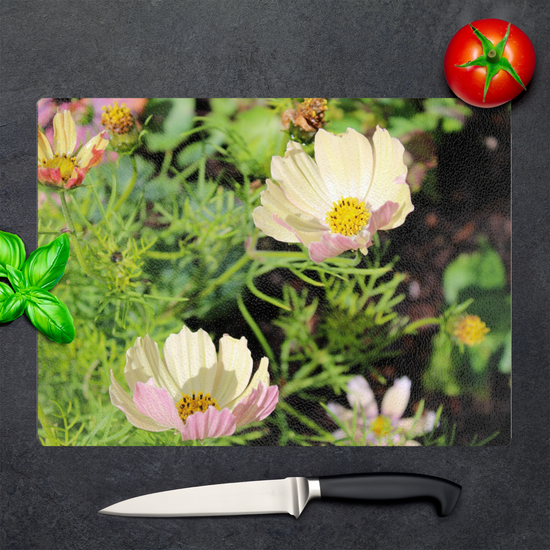 Animals & Nature. The Stylish Textured Glass Chopping Board. Cosmos Bipinnatus Flower. Brodick Castle Gardens. Isle of Arran. Scotland.