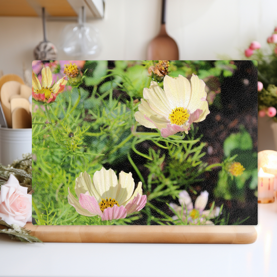 Animals & Nature. The Stylish Textured Glass Chopping Board. Cosmos Bipinnatus Flower. Brodick Castle Gardens. Isle of Arran. Scotland.