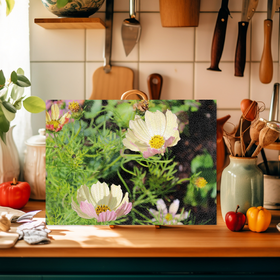 Animals & Nature. The Stylish Textured Glass Chopping Board. Cosmos Bipinnatus Flower. Brodick Castle Gardens. Isle of Arran. Scotland.