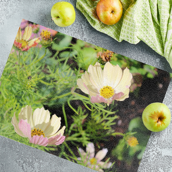 Animals & Nature. The Stylish Textured Glass Chopping Board. Cosmos Bipinnatus Flower. Brodick Castle Gardens. Isle of Arran. Scotland.