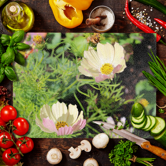 Animals & Nature. The Stylish Textured Glass Chopping Board. Cosmos Bipinnatus Flower. Brodick Castle Gardens. Isle of Arran. Scotland.