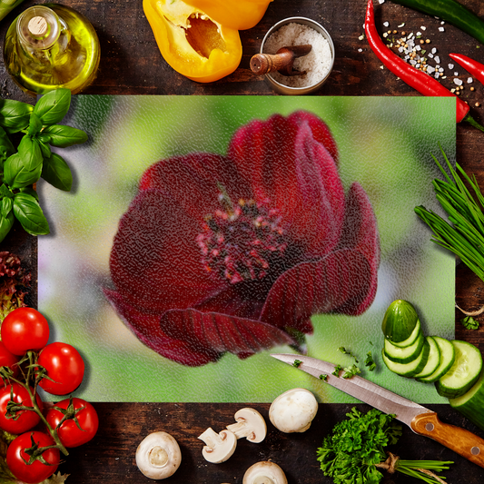 The Stylish Textured Glass Chopping Board. Chocolate Cosmos Flower. Brodick Castle Gardens. Isle of Arran. Scotland.