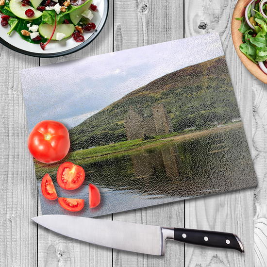 Scottish Landscapes & Seascapes. The Stylish Textured Glass Chopping Board. Lochranza. Isle of Arran. Scotland.