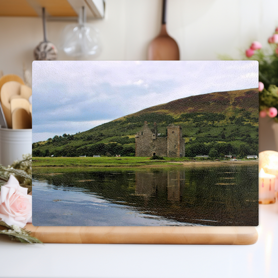 Scottish Landscapes & Seascapes. The Stylish Textured Glass Chopping Board. Lochranza. Isle of Arran. Scotland.