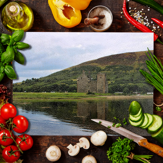 Scottish Landscapes & Seascapes. The Stylish Textured Glass Chopping Board. Lochranza. Isle of Arran. Scotland.