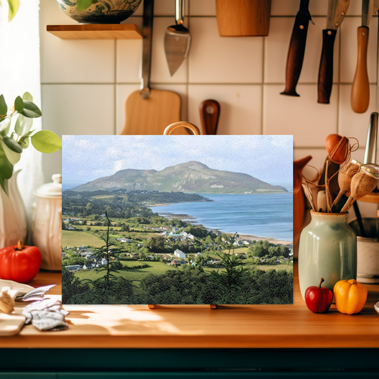 Scottish Landscapes & Seascapes. The Stylish Textured Glass Chopping Board. Whiting Bay. Holy Isle. Isle of Arran. Scotland.