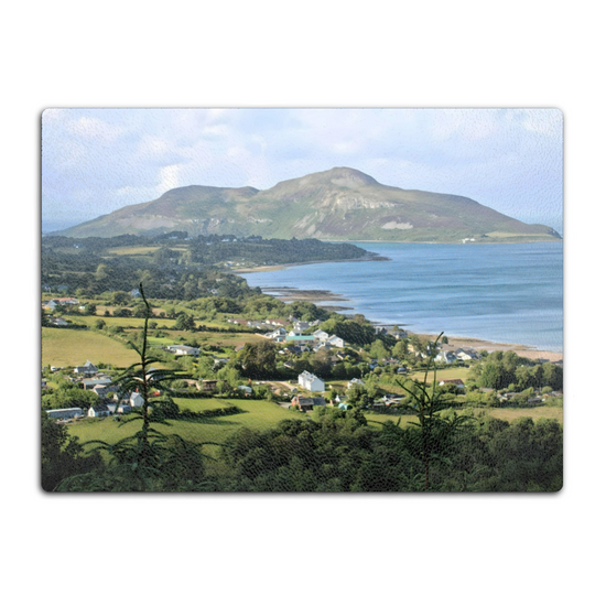 Scottish Landscapes & Seascapes. The Stylish Textured Glass Chopping Board. Whiting Bay. Holy Isle. Isle of Arran. Scotland.