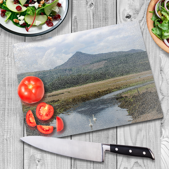 Scottish Landscapes & Seascapes. The Stylish Textured Glass Chopping Board. Brodick Bay. Goatfell Mountain. Isle of Arran. Scotland.