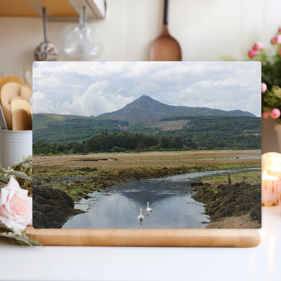 Scottish Landscapes & Seascapes. The Stylish Textured Glass Chopping Board. Brodick Bay. Goatfell Mountain. Isle of Arran. Scotland.