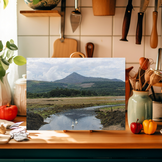 Scottish Landscapes & Seascapes. The Stylish Textured Glass Chopping Board. Brodick Bay. Goatfell Mountain. Isle of Arran. Scotland.
