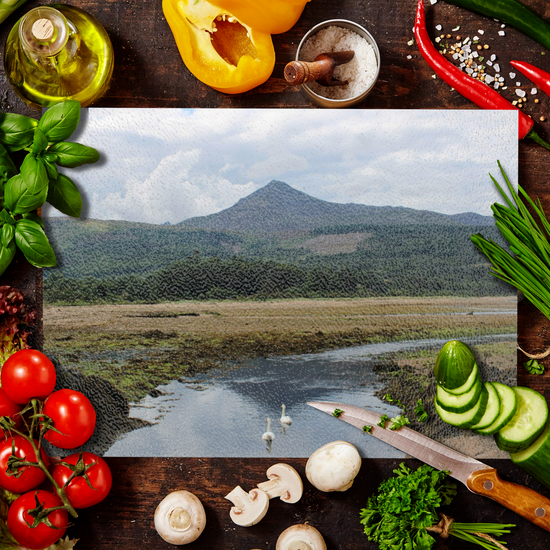 Scottish Landscapes & Seascapes. The Stylish Textured Glass Chopping Board. Brodick Bay. Goatfell Mountain. Isle of Arran. Scotland.