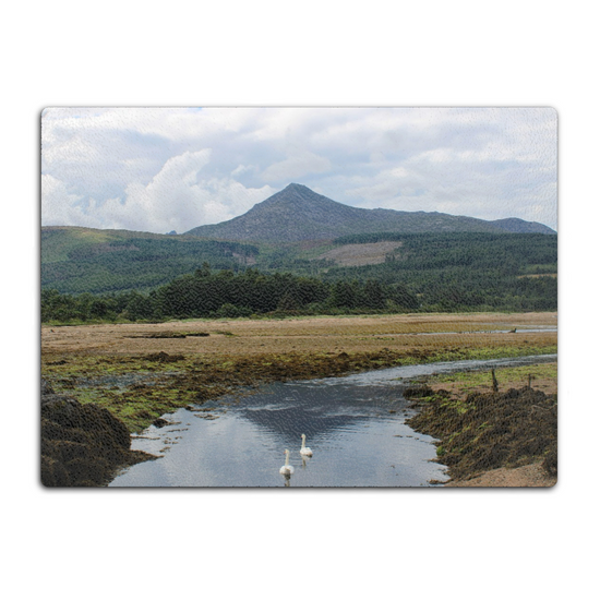 Scottish Landscapes & Seascapes. The Stylish Textured Glass Chopping Board. Brodick Bay. Goatfell Mountain. Isle of Arran. Scotland.