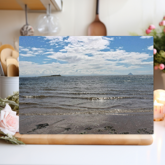 Scottish Landscapes & Seascapes. The Stylish Textured Glass Chopping Board. Kildonan  Beach. Ailsa Craig & Pladda Island. Isle of Arran. Scotland.