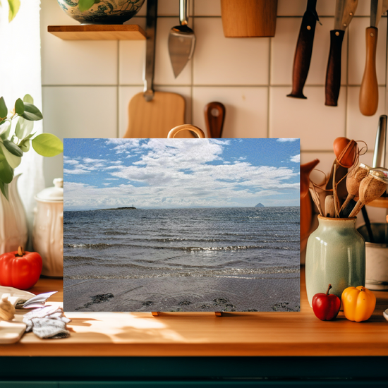 Scottish Landscapes & Seascapes. The Stylish Textured Glass Chopping Board. Kildonan  Beach. Ailsa Craig & Pladda Island. Isle of Arran. Scotland.