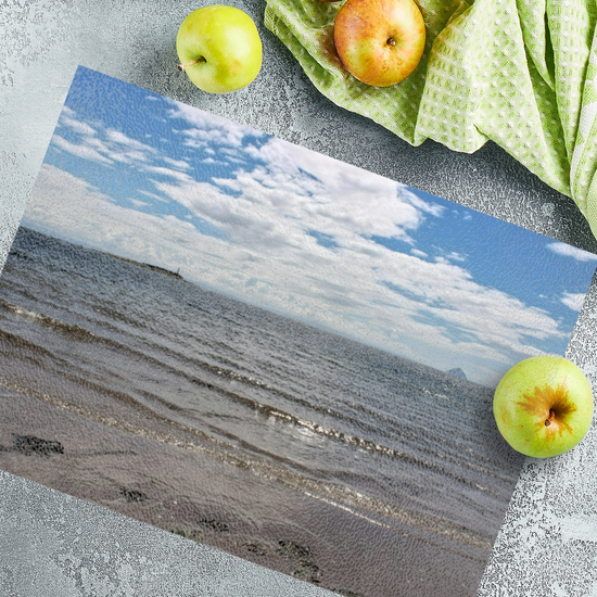 Scottish Landscapes & Seascapes. The Stylish Textured Glass Chopping Board. Kildonan  Beach. Ailsa Craig & Pladda Island. Isle of Arran. Scotland.