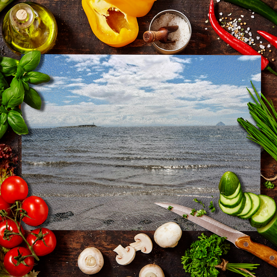 Scottish Landscapes & Seascapes. The Stylish Textured Glass Chopping Board. Kildonan  Beach. Ailsa Craig & Pladda Island. Isle of Arran. Scotland.