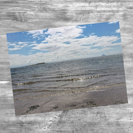 Scottish Landscapes & Seascapes. The Stylish Textured Glass Chopping Board. Kildonan  Beach. Ailsa Craig & Pladda Island. Isle of Arran. Scotland.