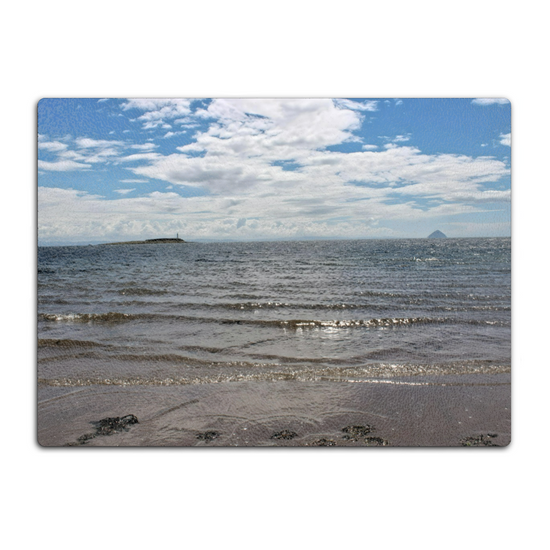 Scottish Landscapes & Seascapes. The Stylish Textured Glass Chopping Board. Kildonan  Beach. Ailsa Craig & Pladda Island. Isle of Arran. Scotland.