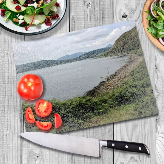 Scottish Landscapes & Seascapes. The Stylish Textured Glass Chopping Board. Holy Isle. Firth of Clyde. Isle of Arran. Scotland.