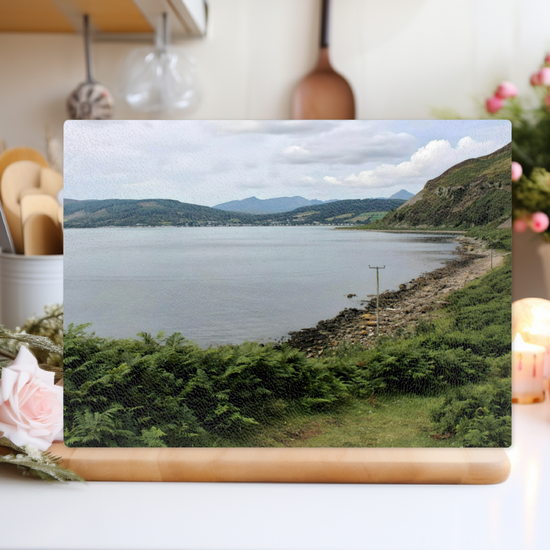 Scottish Landscapes & Seascapes. The Stylish Textured Glass Chopping Board. Holy Isle. Firth of Clyde. Isle of Arran. Scotland.