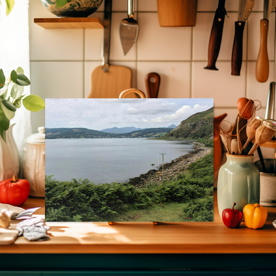 Scottish Landscapes & Seascapes. The Stylish Textured Glass Chopping Board. Holy Isle. Firth of Clyde. Isle of Arran. Scotland.