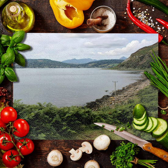Scottish Landscapes & Seascapes. The Stylish Textured Glass Chopping Board. Holy Isle. Firth of Clyde. Isle of Arran. Scotland.