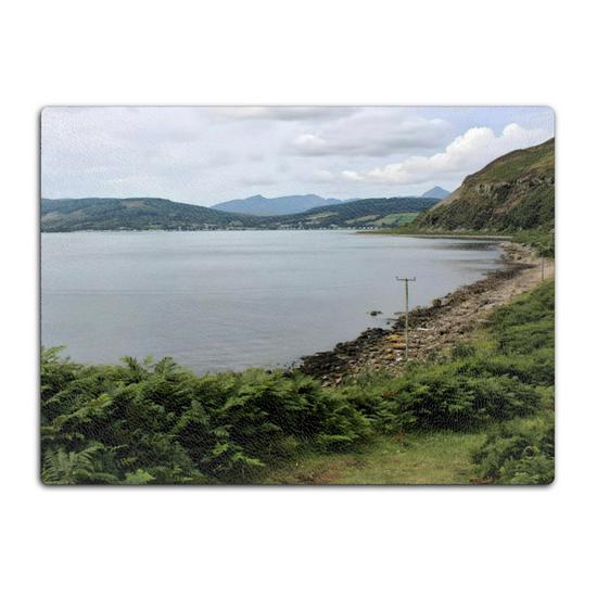 Scottish Landscapes & Seascapes. The Stylish Textured Glass Chopping Board. Holy Isle. Firth of Clyde. Isle of Arran. Scotland.