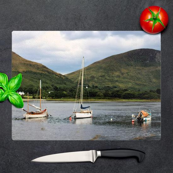 Scottish Landscapes & Seascapes. The Stylish Textured Glass Chopping Board. Lochranza. Isle of Arran. Scotland.