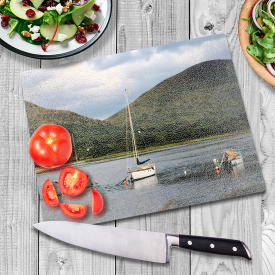 Scottish Landscapes & Seascapes. The Stylish Textured Glass Chopping Board. Lochranza. Isle of Arran. Scotland.