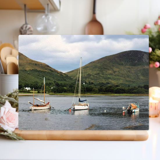 Scottish Landscapes & Seascapes. The Stylish Textured Glass Chopping Board. Lochranza. Isle of Arran. Scotland.