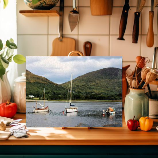 Scottish Landscapes & Seascapes. The Stylish Textured Glass Chopping Board. Lochranza. Isle of Arran. Scotland.