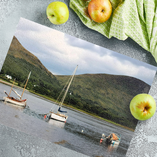 Scottish Landscapes & Seascapes. The Stylish Textured Glass Chopping Board. Lochranza. Isle of Arran. Scotland.