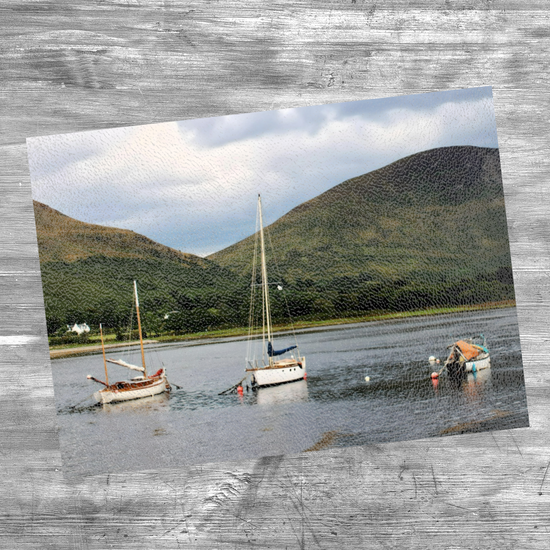 Scottish Landscapes & Seascapes. The Stylish Textured Glass Chopping Board. Lochranza. Isle of Arran. Scotland.